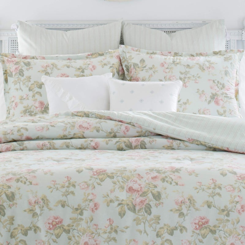 Laura Ashley Home - King Comforter Set, Reversible Cotton Bedding, Includes Matching Shams with Bonus Euro Shams & Throw Pillows (Madelynn Pastel Blue, King) - Image 2
